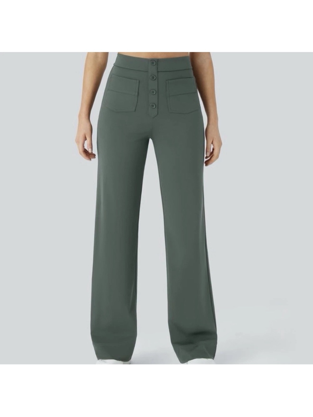 HALARA Green DayStretch Pants M High Waist Button Detail Pockets Straight Leg